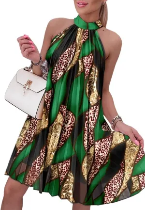 Women's Floral Leopard Print Halter Ruched Cold Shoulder A Line Dress Summer Beach Vacation Boho Beach Dress
