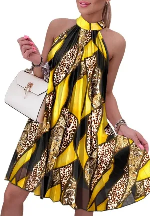 Women's Floral Leopard Print Halter Ruched Cold Shoulder A Line Dress Summer Beach Vacation Boho Beach Dress
