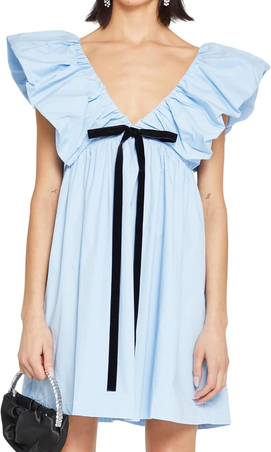 Womens Flower Bow Dress Deep V Neck Elegant Mini Dress Puffy Sleeve Boho Floral Bow Dress Flowy Dress