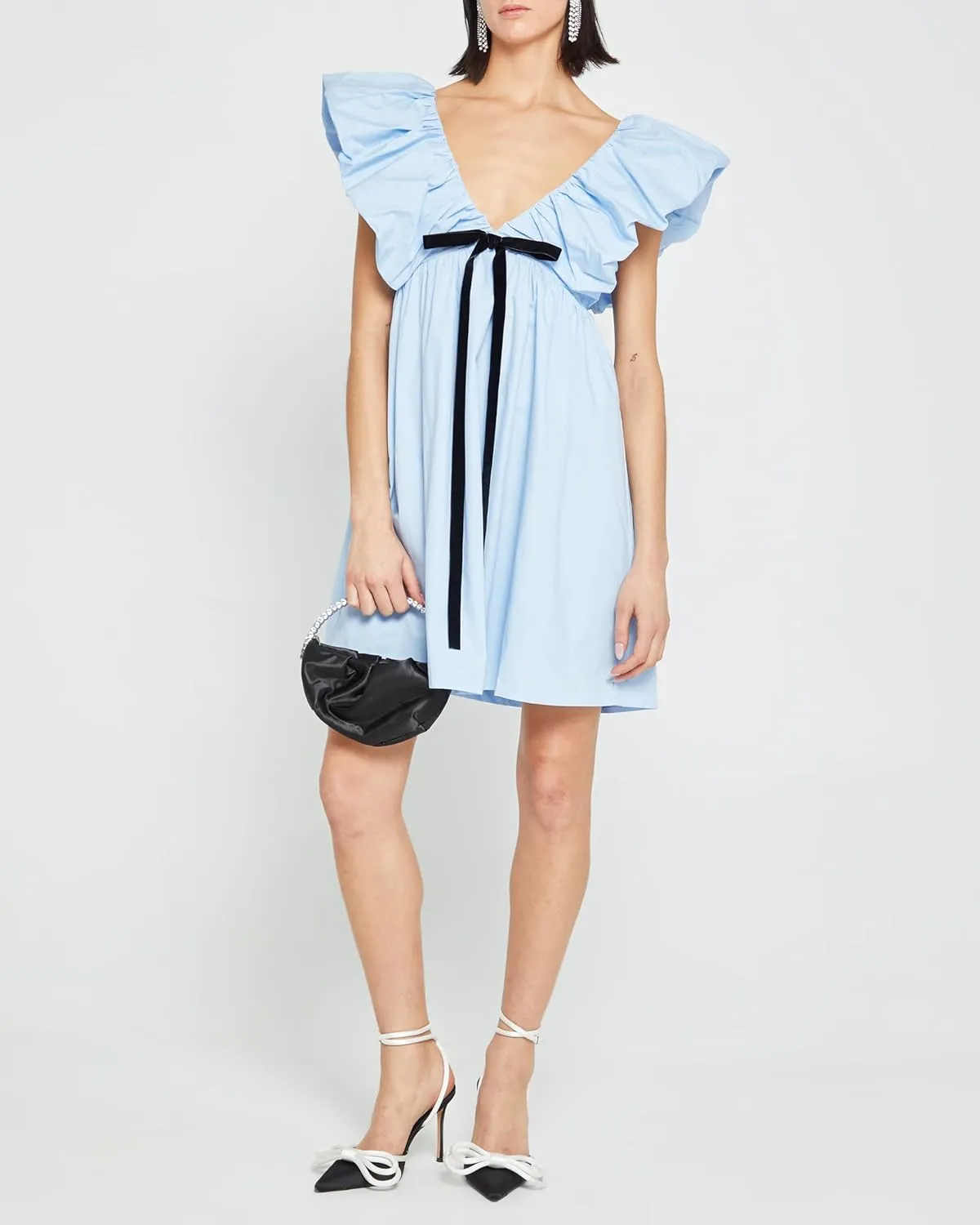 Womens Flower Bow Dress Deep V Neck Elegant Mini Dress Puffy Sleeve Boho Floral Bow Dress Flowy Dress