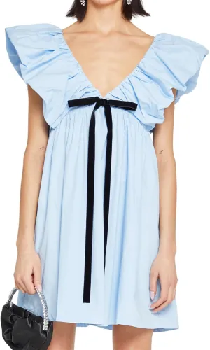 Womens Flower Bow Dress Deep V Neck Elegant Mini Dress Puffy Sleeve Boho Floral Bow Dress Flowy Dress
