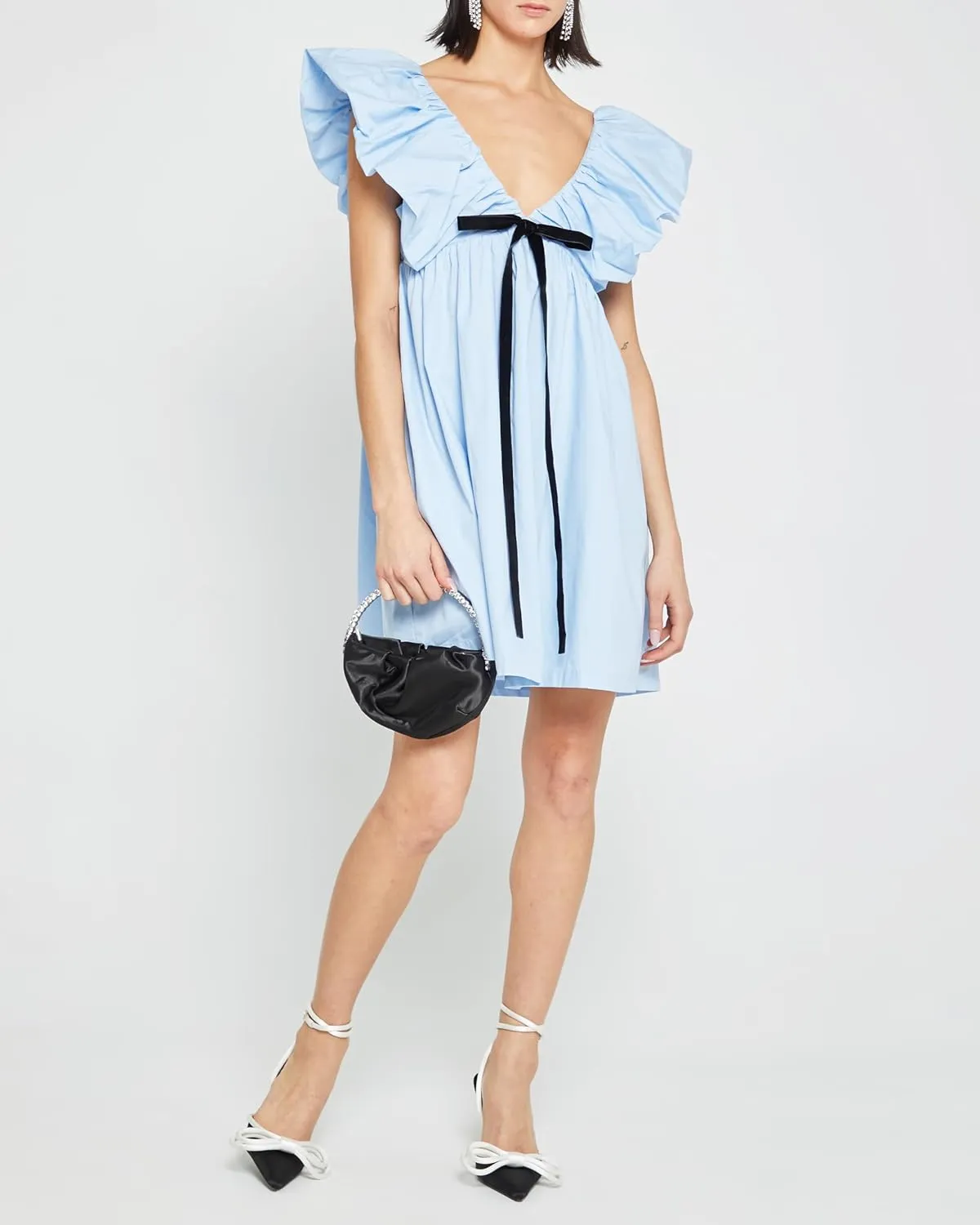 Womens Flower Bow Dress Deep V Neck Elegant Mini Dress Puffy Sleeve Boho Floral Bow Dress Flowy Dress