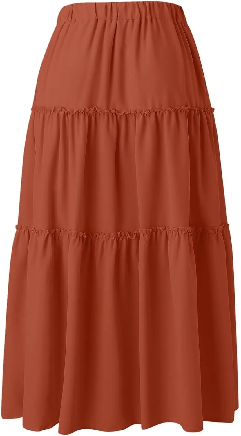 Women's Flowy Boho Maxi Skirt A Line High Waist Skirts Casual Pleated Tiered Long Skirts Summer Beach Vacation Skirt