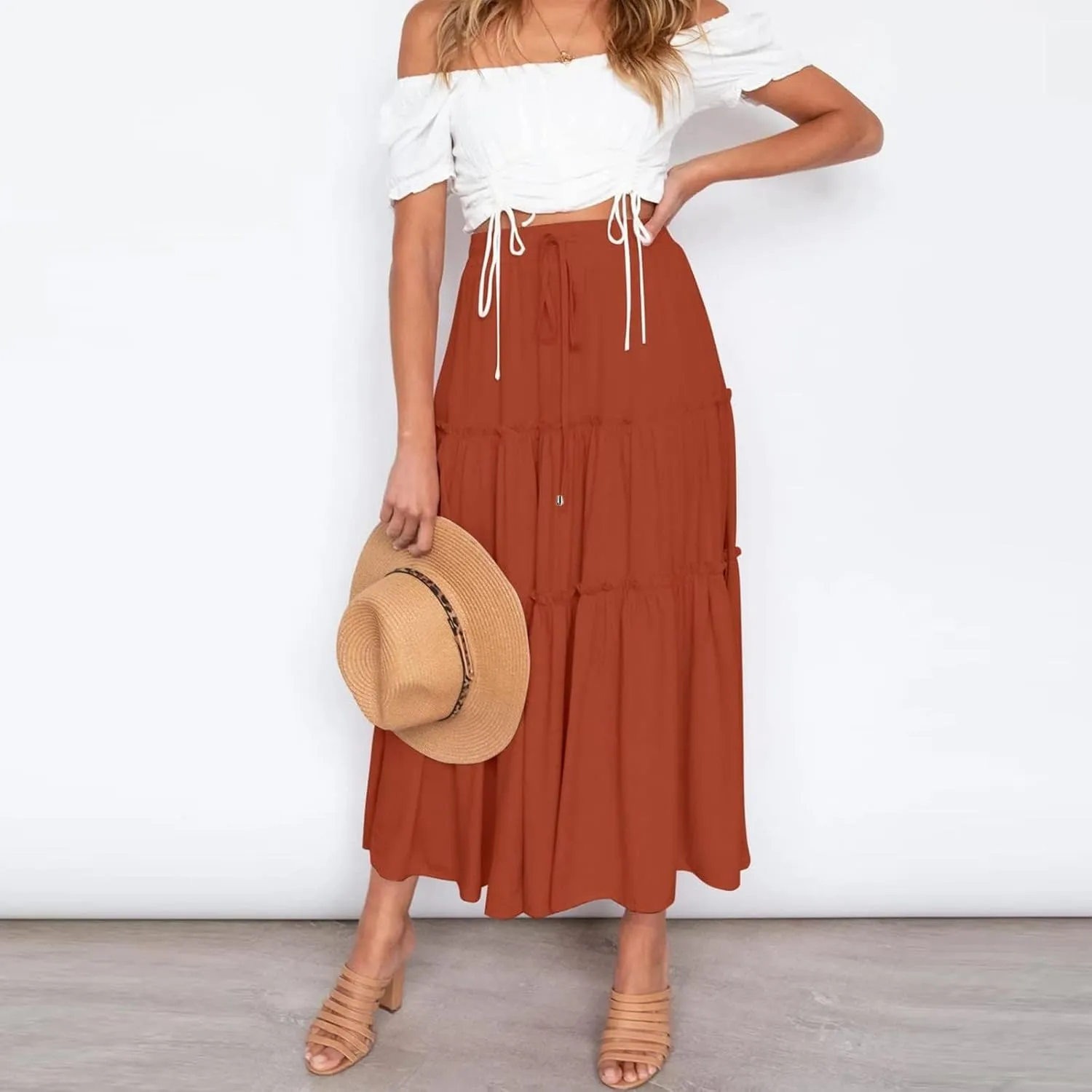 Women's Flowy Boho Maxi Skirt A Line High Waist Skirts Casual Pleated Tiered Long Skirts Summer Beach Vacation Skirt