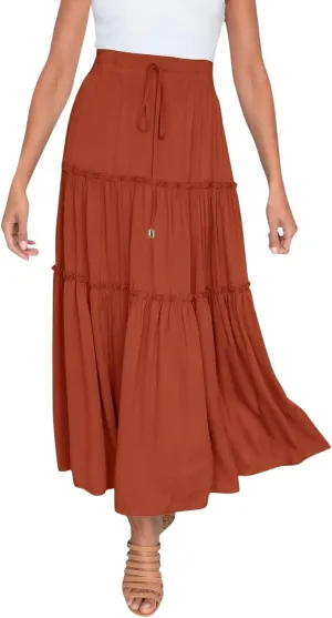 Women's Flowy Boho Maxi Skirt A Line High Waist Skirts Casual Pleated Tiered Long Skirts Summer Beach Vacation Skirt