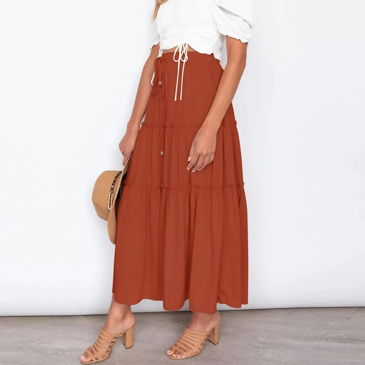 Women's Flowy Boho Maxi Skirt A Line High Waist Skirts Casual Pleated Tiered Long Skirts Summer Beach Vacation Skirt