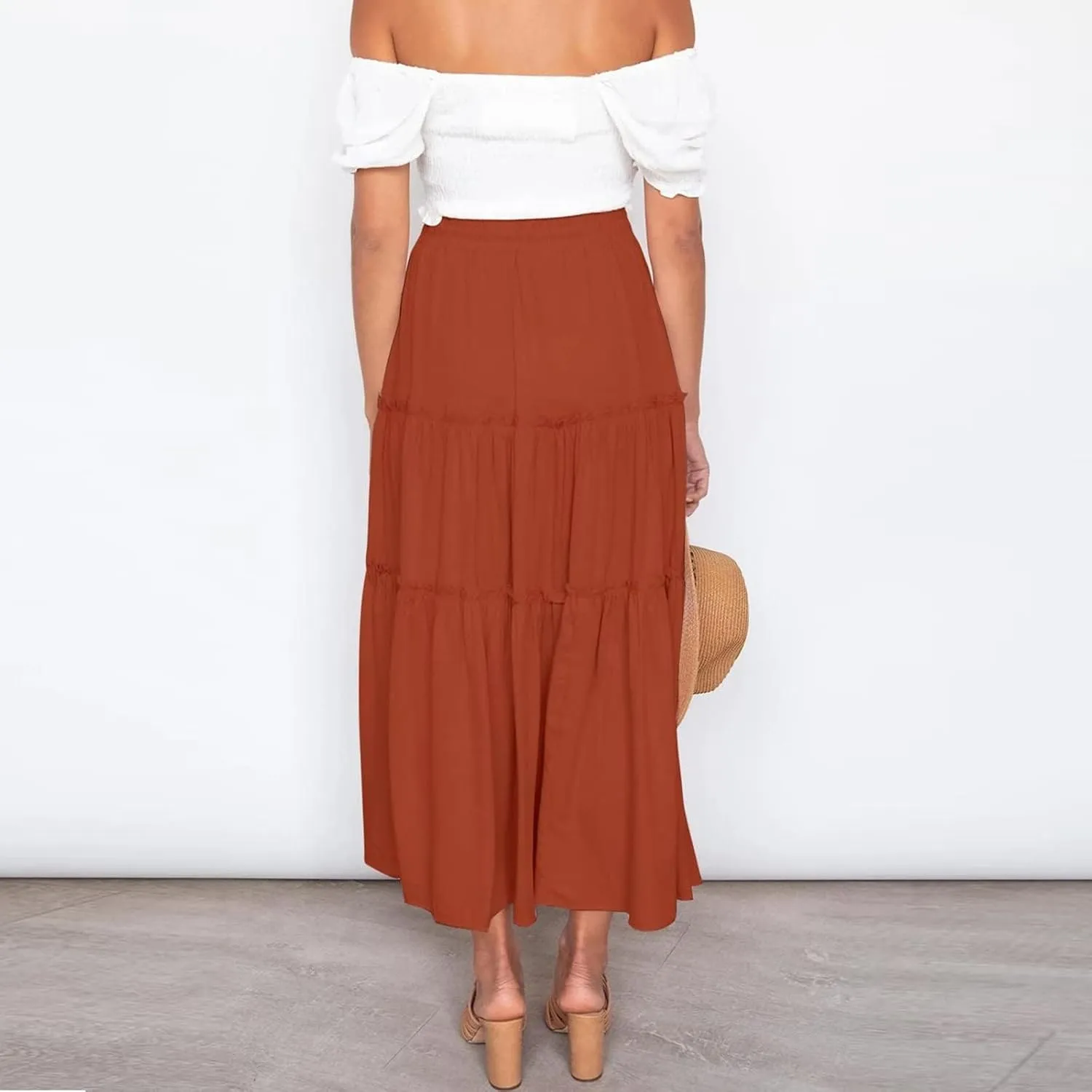 Women's Flowy Boho Maxi Skirt A Line High Waist Skirts Casual Pleated Tiered Long Skirts Summer Beach Vacation Skirt