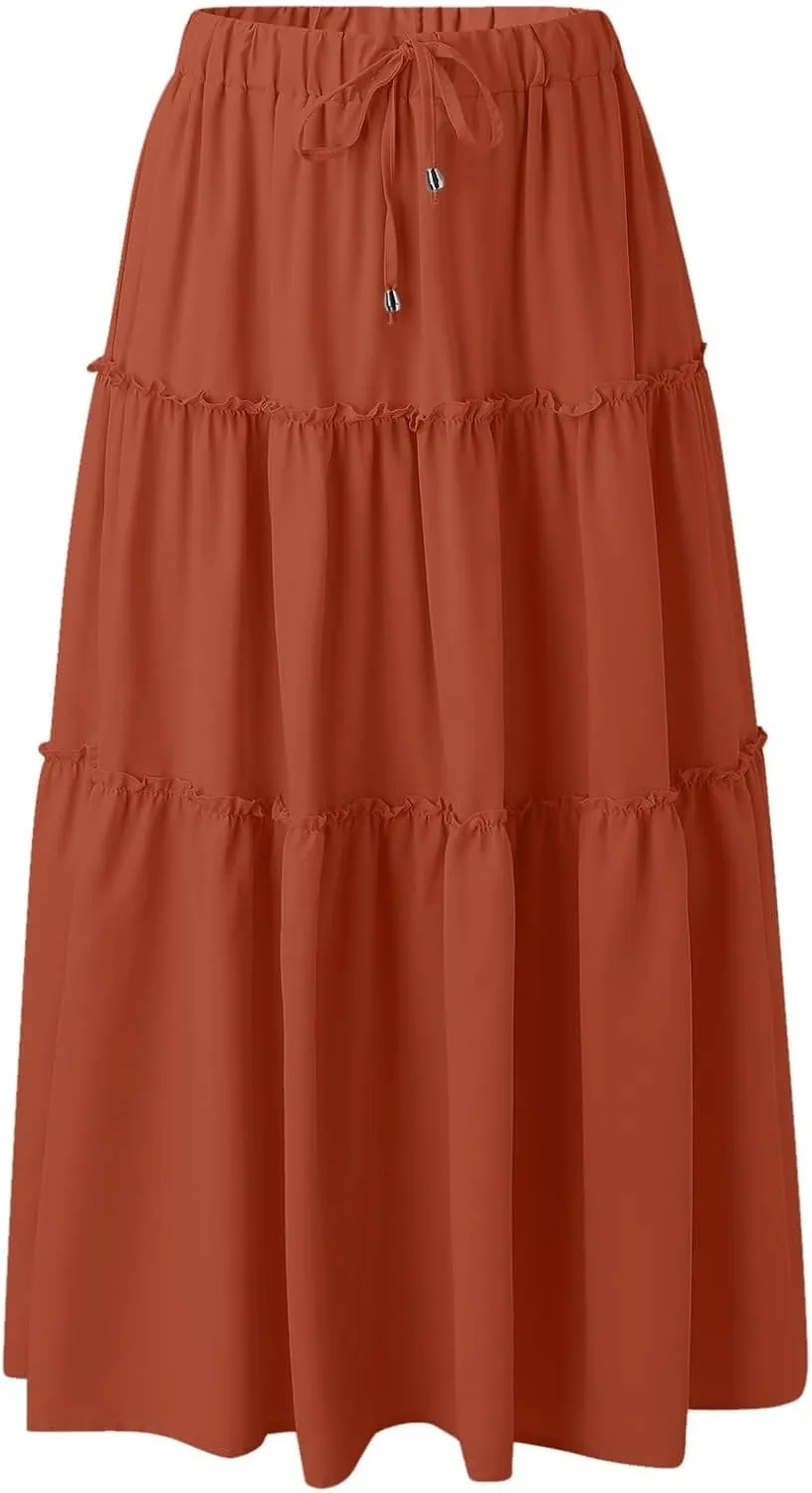 Women's Flowy Boho Maxi Skirt A Line High Waist Skirts Casual Pleated Tiered Long Skirts Summer Beach Vacation Skirt