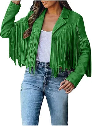 Women's Fringe Faux Suede Leather Jackets Fashion Tassel Cropped Coats Fringe Cropped Jacket Tassel Suede Moto Jacket