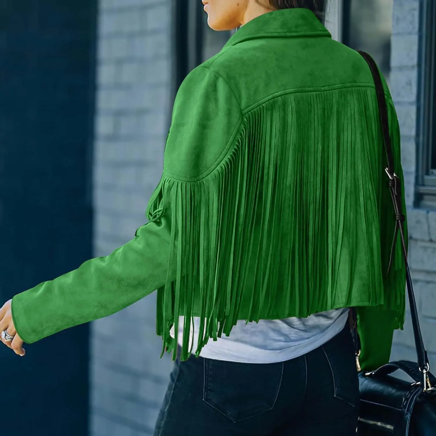 Women's Fringe Faux Suede Leather Jackets Fashion Tassel Cropped Coats Fringe Cropped Jacket Tassel Suede Moto Jacket