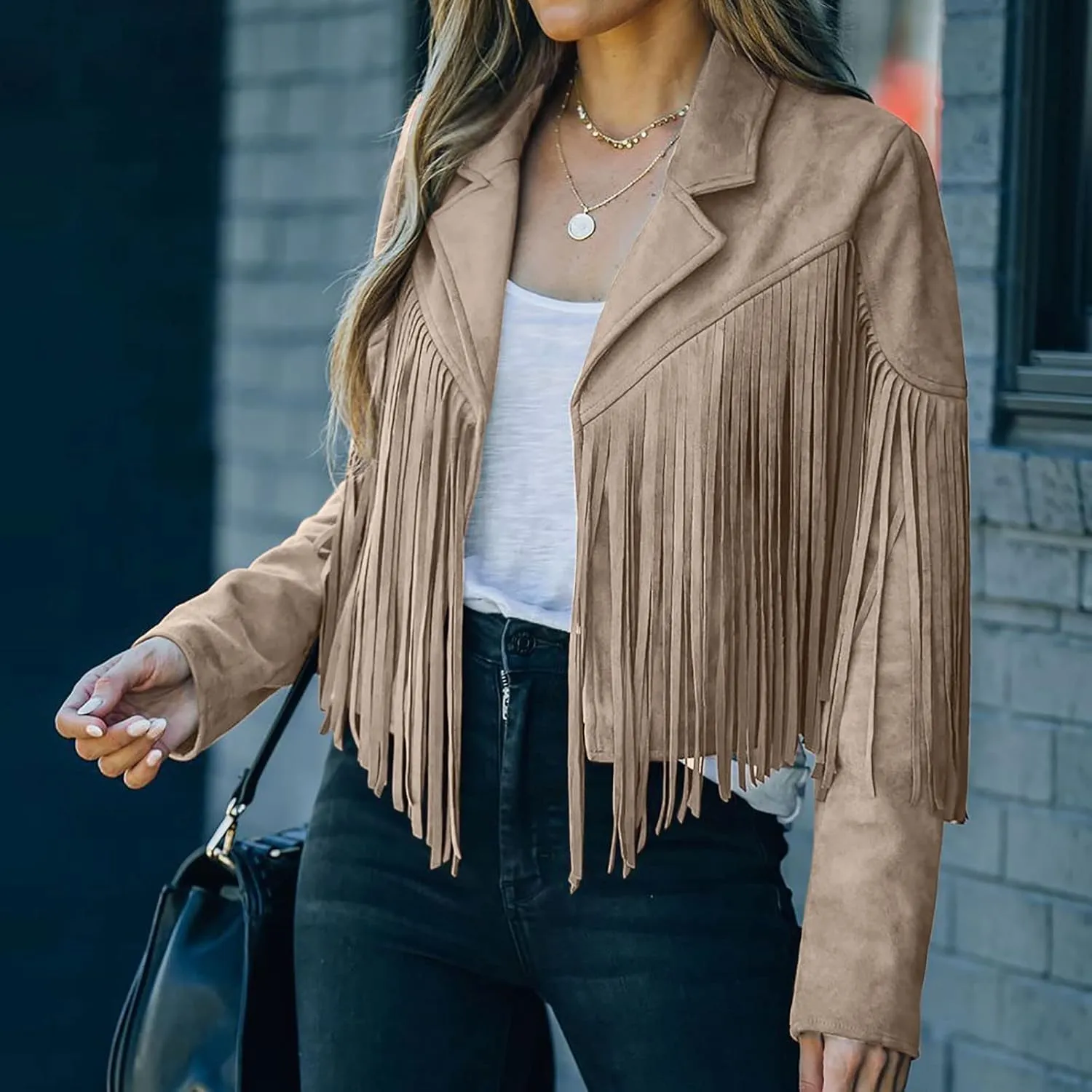 Womens Fringe Faux Suede Leather Jackets Fashion Tassel Motorcycle Cropped Coats Hippie Boyfriend Outwear Moto Coat