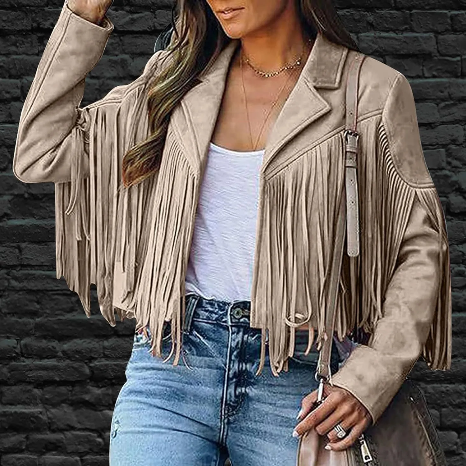 Womens Fringe Faux Suede Leather Jackets Fashion Tassel Motorcycle Cropped Coats Hippie Boyfriend Outwear Moto Coat