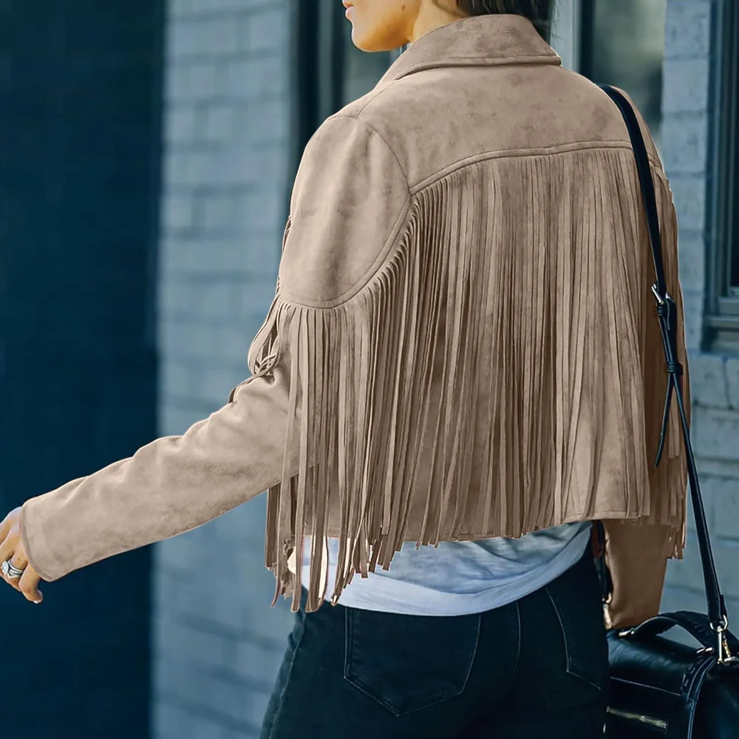 Womens Fringe Faux Suede Leather Jackets Fashion Tassel Motorcycle Cropped Coats Hippie Boyfriend Outwear Moto Coat