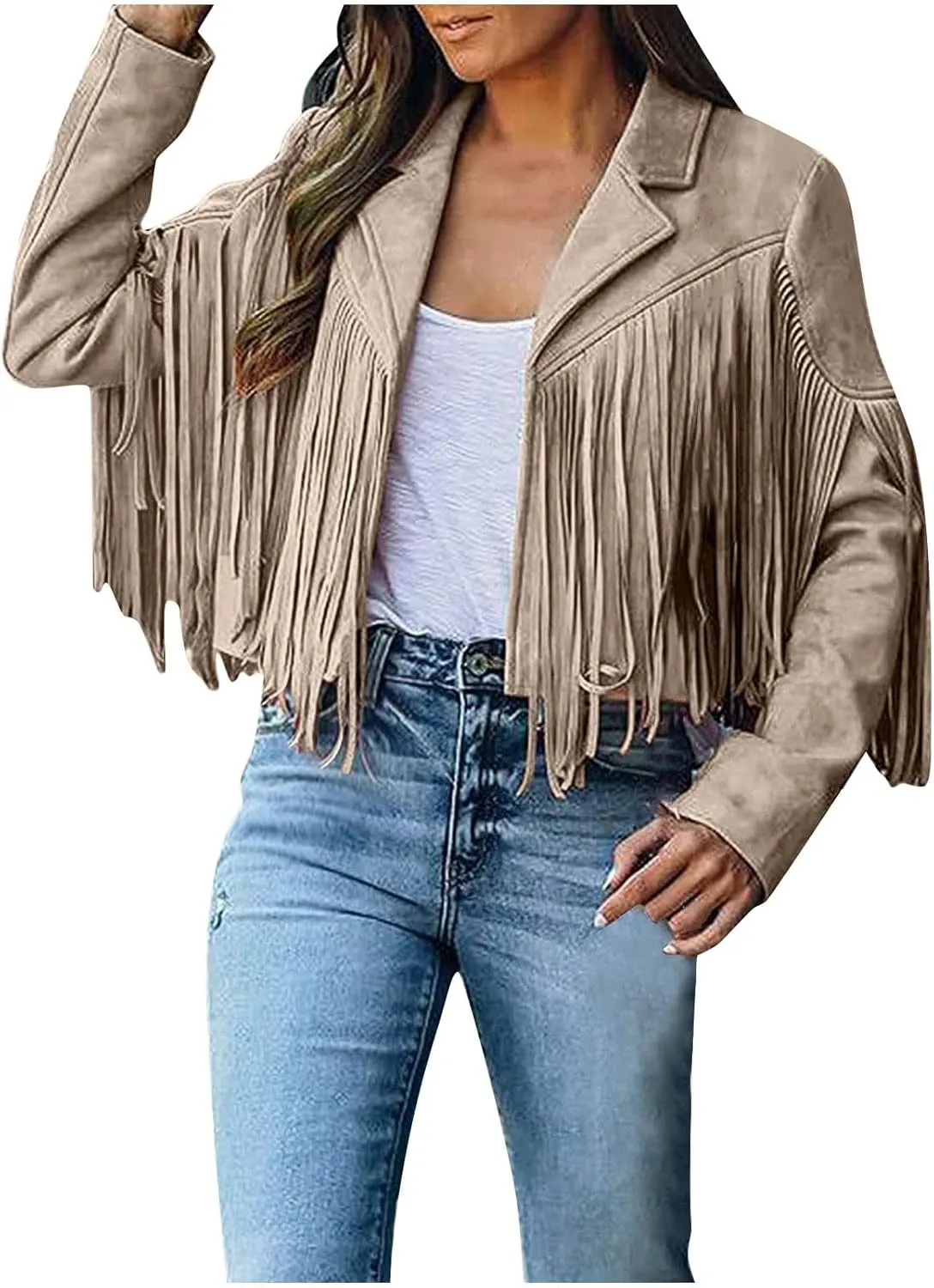 Womens Fringe Faux Suede Leather Jackets Fashion Tassel Motorcycle Cropped Coats Hippie Boyfriend Outwear Moto Coat