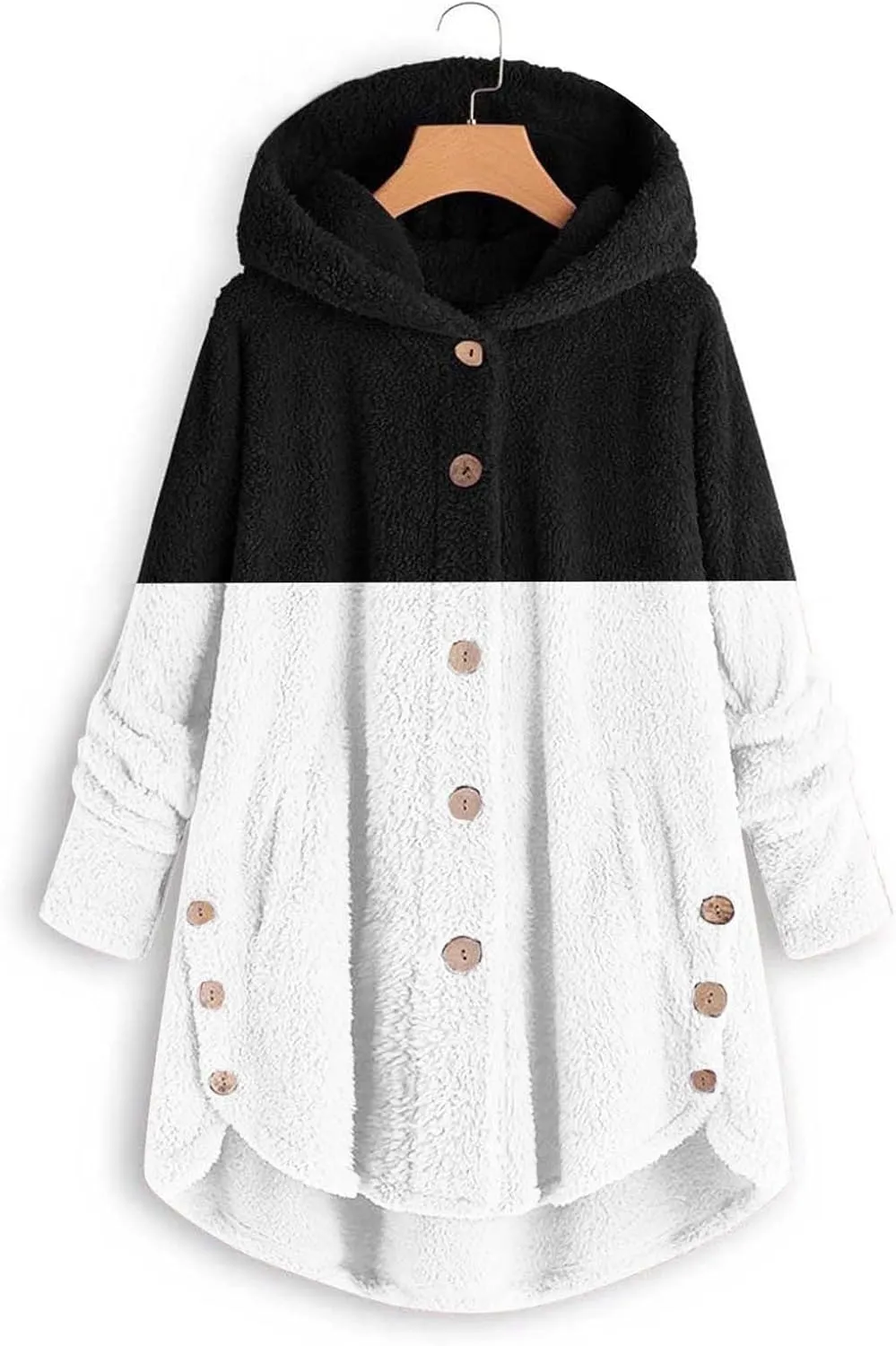 Womens Fuzzy Fleece Jacket Button Hem Plus Size Hoodie Top Sweater Blouse Outerwear with Pockets Women's Winter