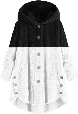 Womens Fuzzy Fleece Jacket Button Hem Plus Size Hoodie Top Sweater Blouse Outerwear with Pockets Women's Winter