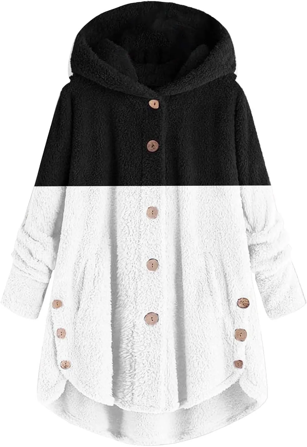 Womens Fuzzy Fleece Jacket Button Hem Plus Size Hoodie Top Sweater Blouse Outerwear with Pockets Women's Winter