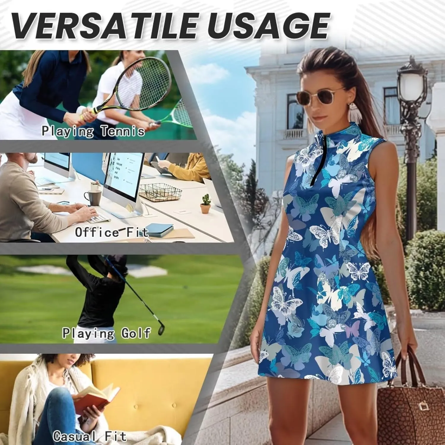 Women's Golf Tennis Dress Sleeveless Built in Shorts Golf Dress with Pockets Zipper Active Athletic Outfits