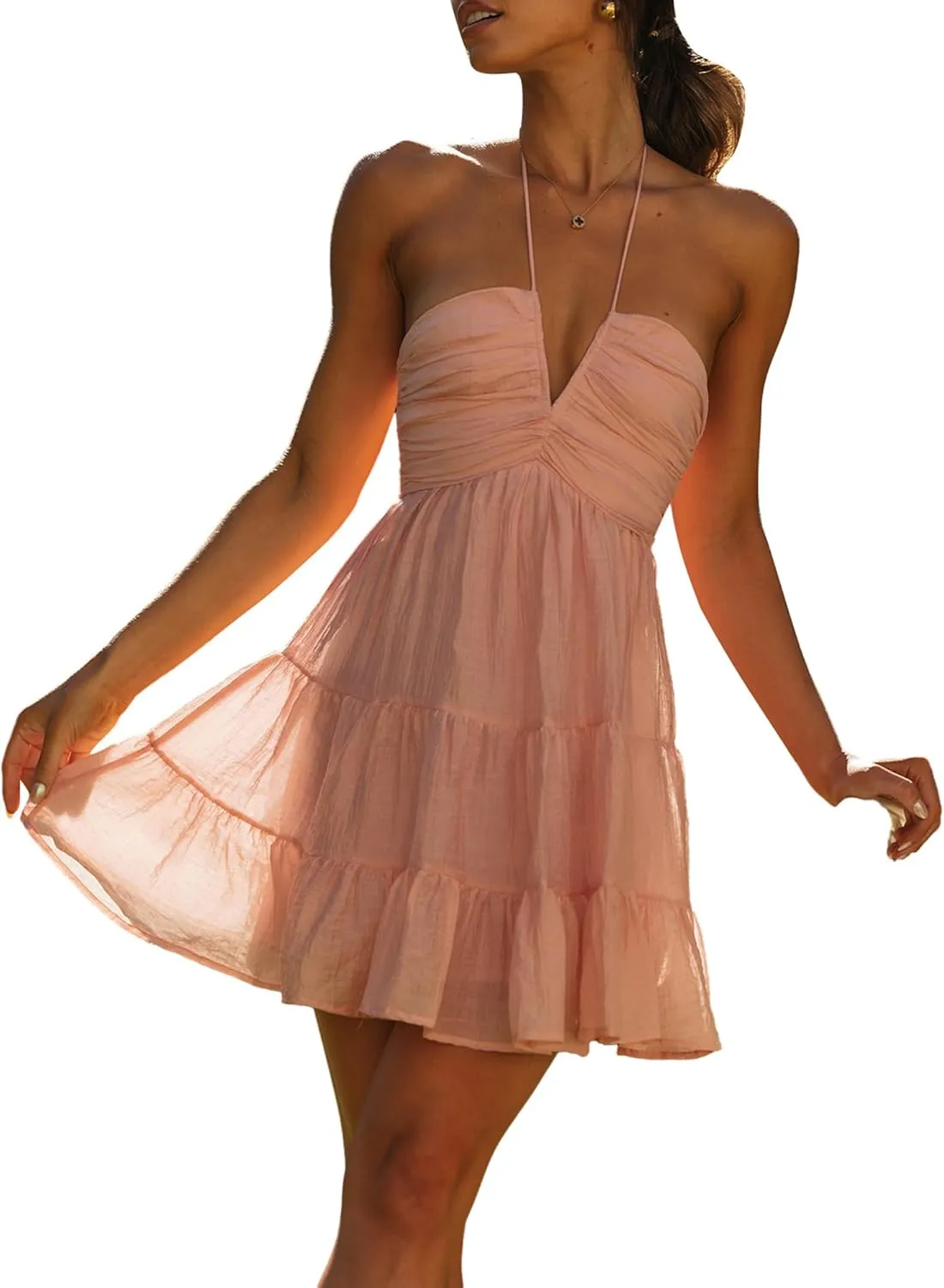 Women's Halter V Neck Backless Ruffle Sleeveless Sexy Ruffle Cut Out Flowy Skater Mini Dress