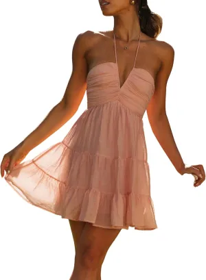 Women's Halter V Neck Backless Ruffle Sleeveless Sexy Ruffle Cut Out Flowy Skater Mini Dress