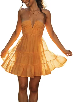 Women's Halter V Neck Backless Ruffle Sleeveless Sexy Ruffle Cut Out Flowy Skater Mini Dress
