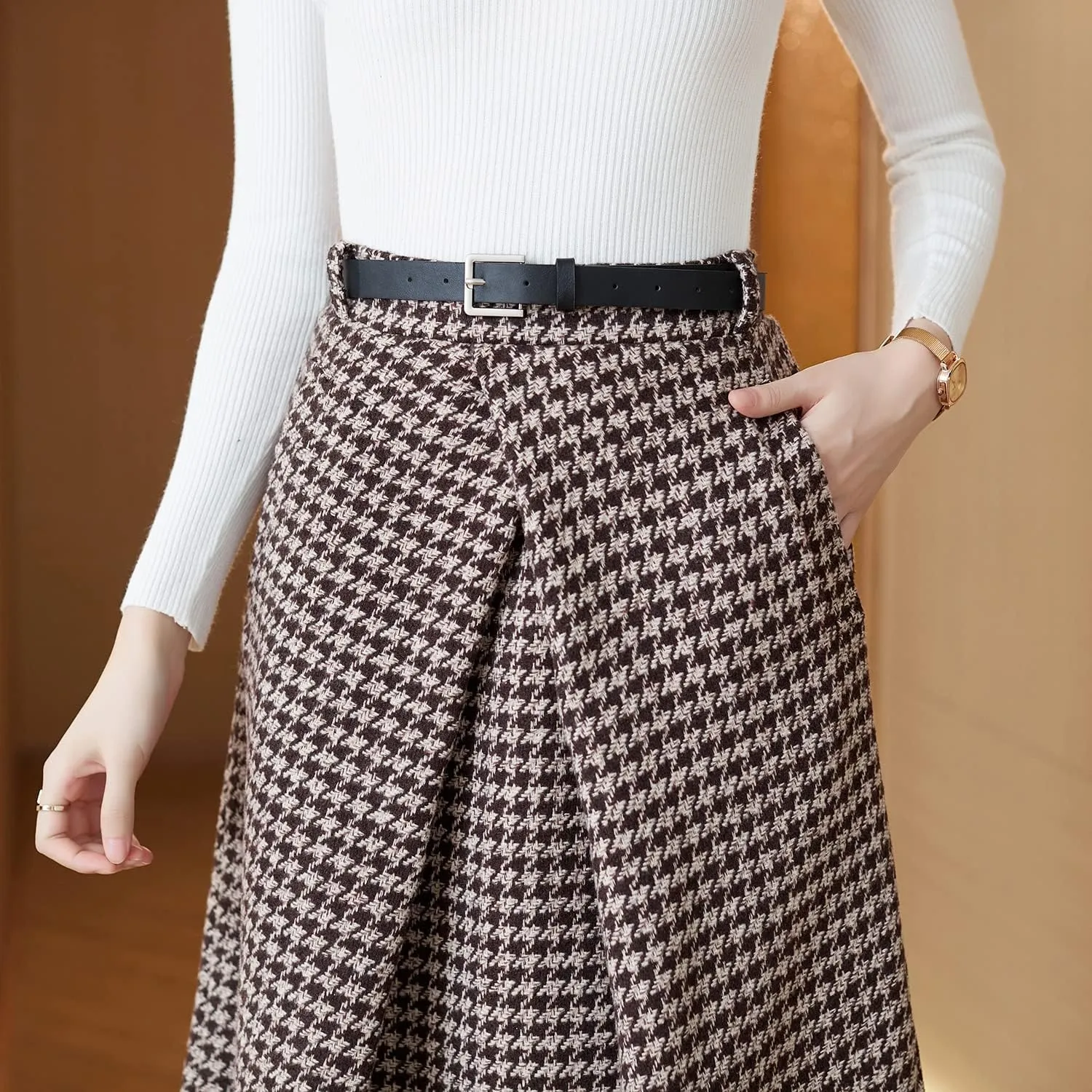 Womens High Elastic Waist Midi Pleated Skirt A-line Elegant Casual Winter Long Skirts