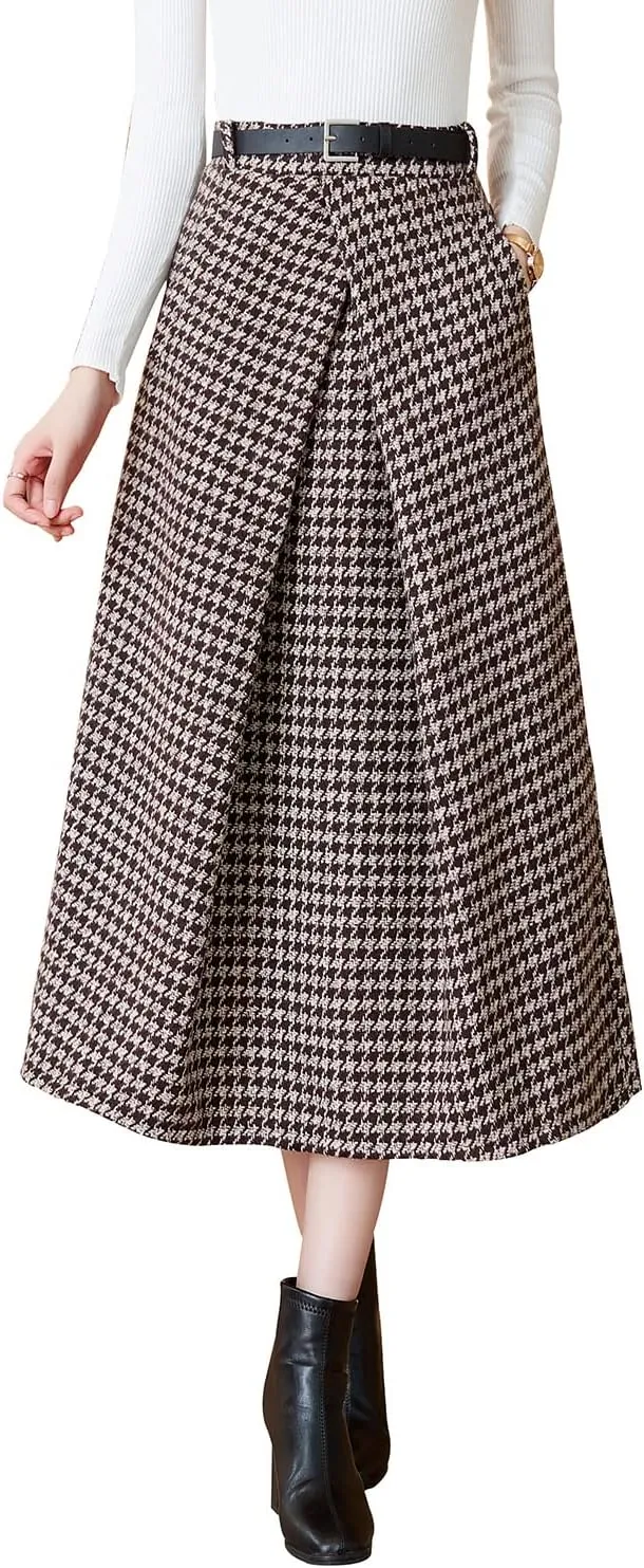 Womens High Elastic Waist Midi Pleated Skirt A-line Elegant Casual Winter Long Skirts