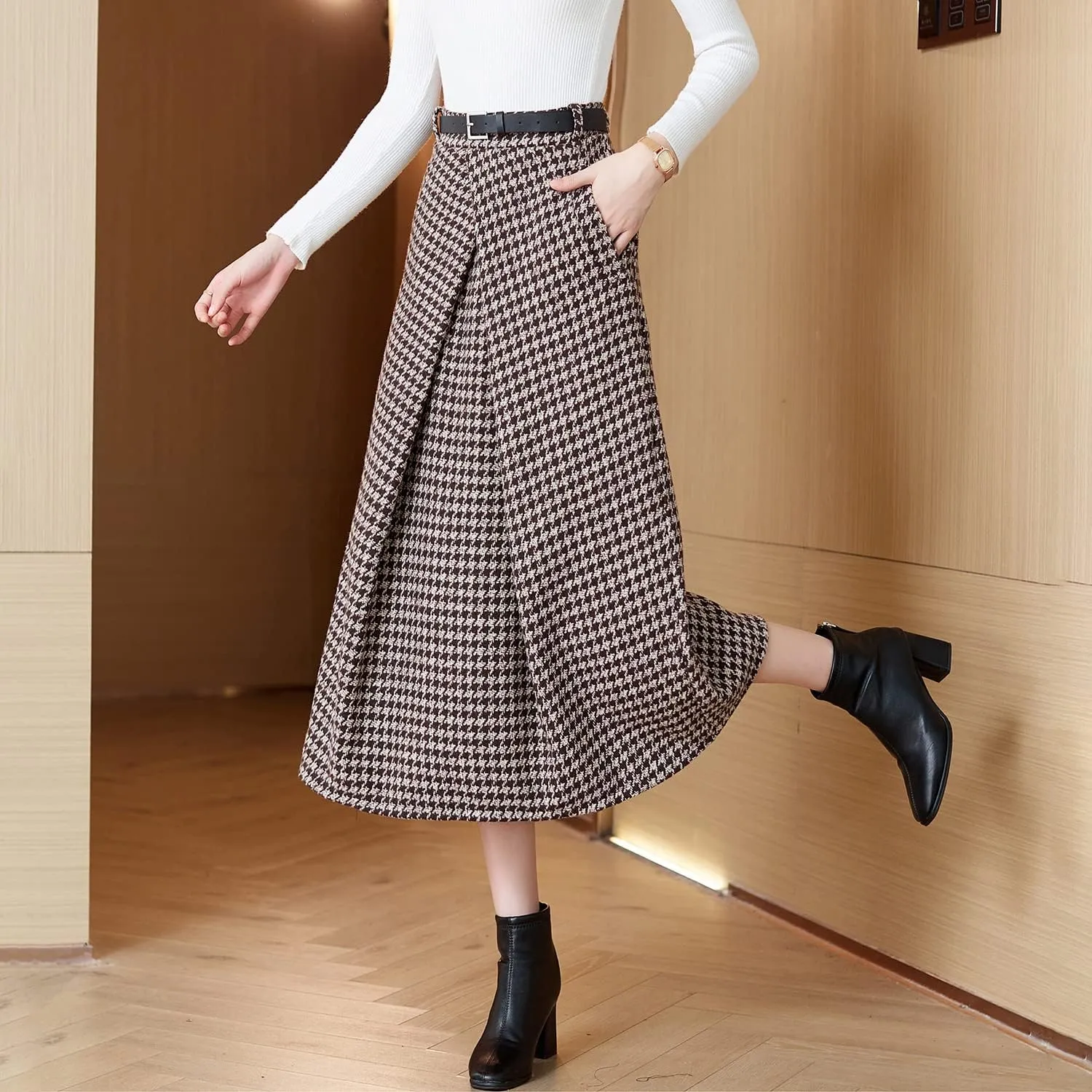 Womens High Elastic Waist Midi Pleated Skirt A-line Elegant Casual Winter Long Skirts