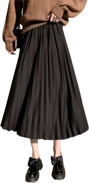 Womens High Elastic Waist Midi Pleated Skirt A-line Elegant Casual Winter Long Skirts