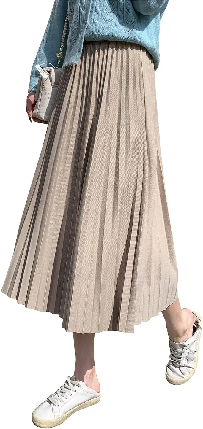 Womens High Elastic Waist Midi Pleated Skirt A-line Elegant Casual Winter Long Skirts