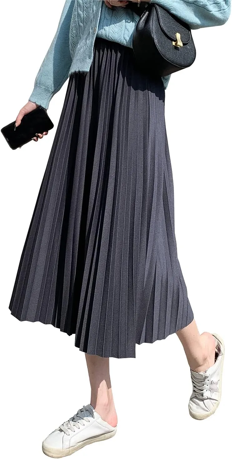 Womens High Elastic Waist Midi Pleated Skirt A-line Elegant Casual Winter Long Skirts