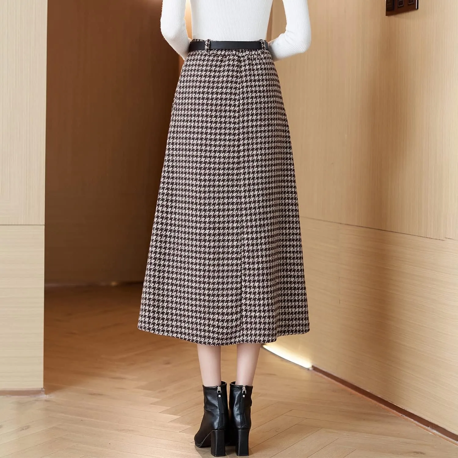 Womens High Elastic Waist Midi Pleated Skirt A-line Elegant Casual Winter Long Skirts