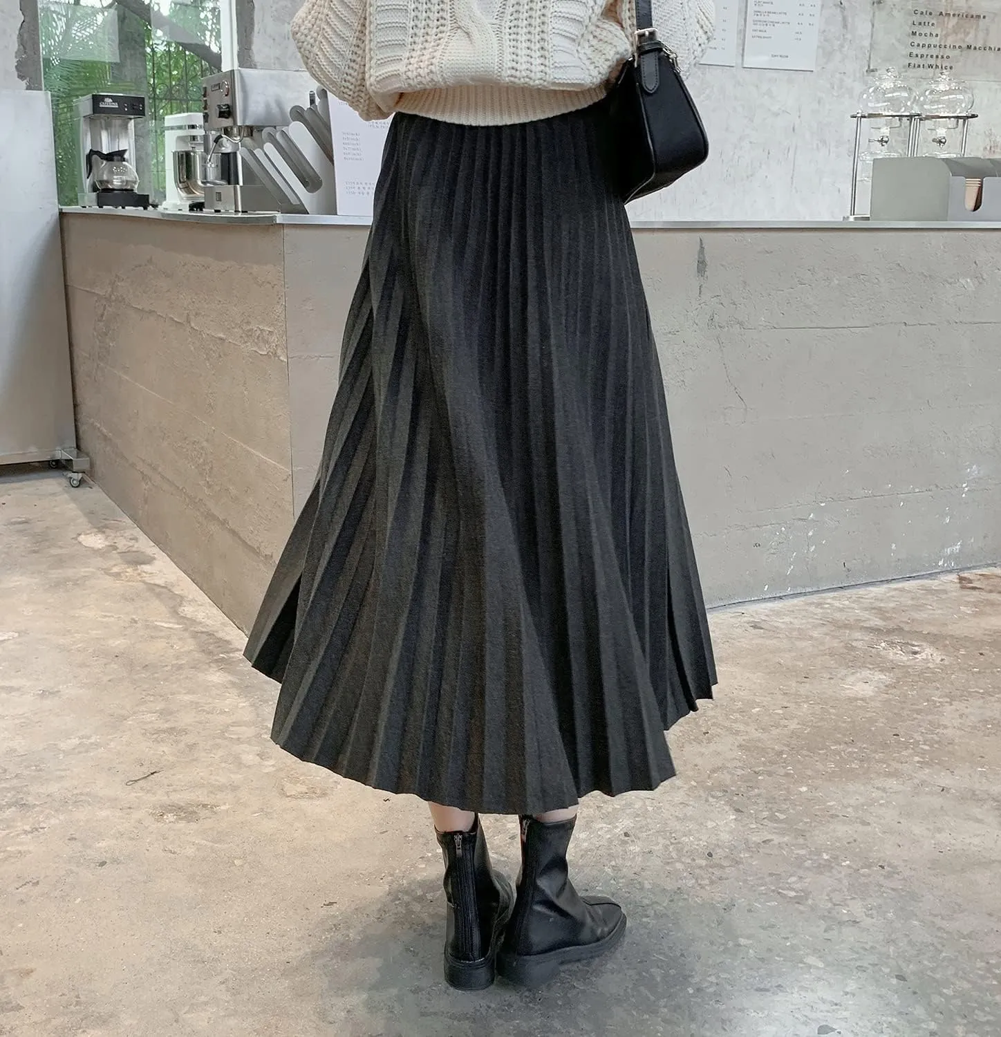 Womens High Elastic Waist Midi Pleated Skirt A-line Elegant Casual Winter Warm Flare Long Skirts