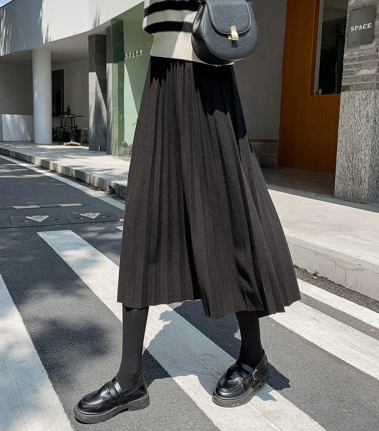 Womens High Elastic Waist Midi Pleated Skirt A-line Elegant Casual Winter Warm Flare Long Skirts