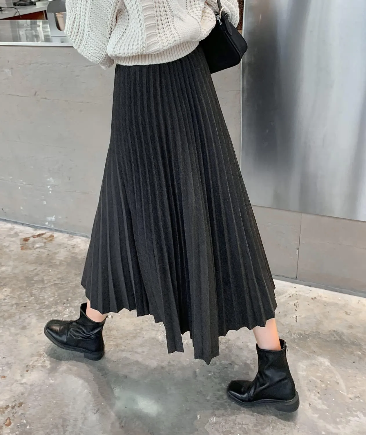 Womens High Elastic Waist Midi Pleated Skirt A-line Elegant Casual Winter Warm Flare Long Skirts
