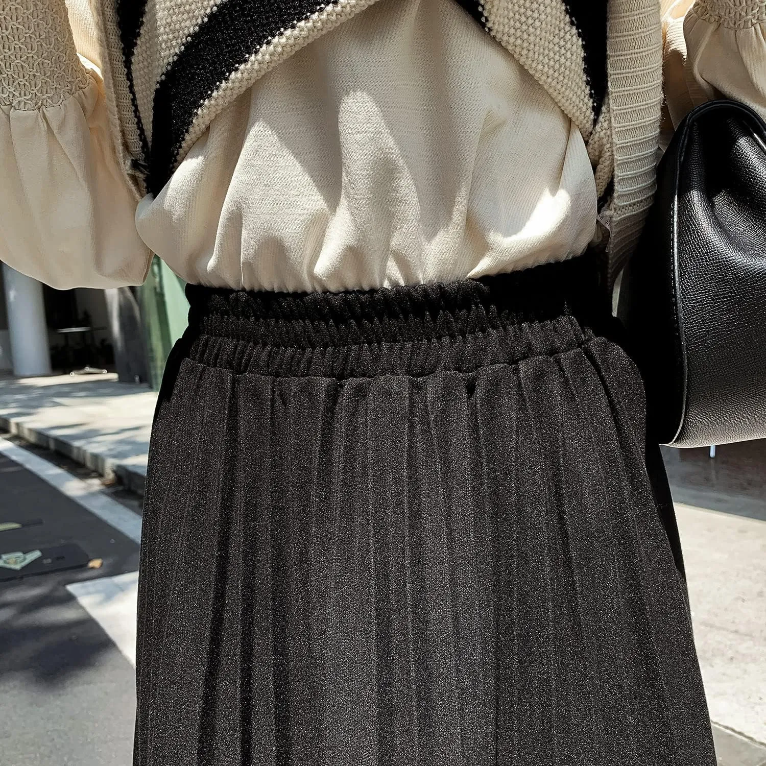 Womens High Elastic Waist Midi Pleated Skirt A-line Elegant Casual Winter Warm Flare Long Skirts