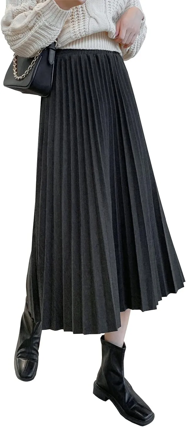 Womens High Elastic Waist Midi Pleated Skirt A-line Elegant Casual Winter Warm Flare Long Skirts