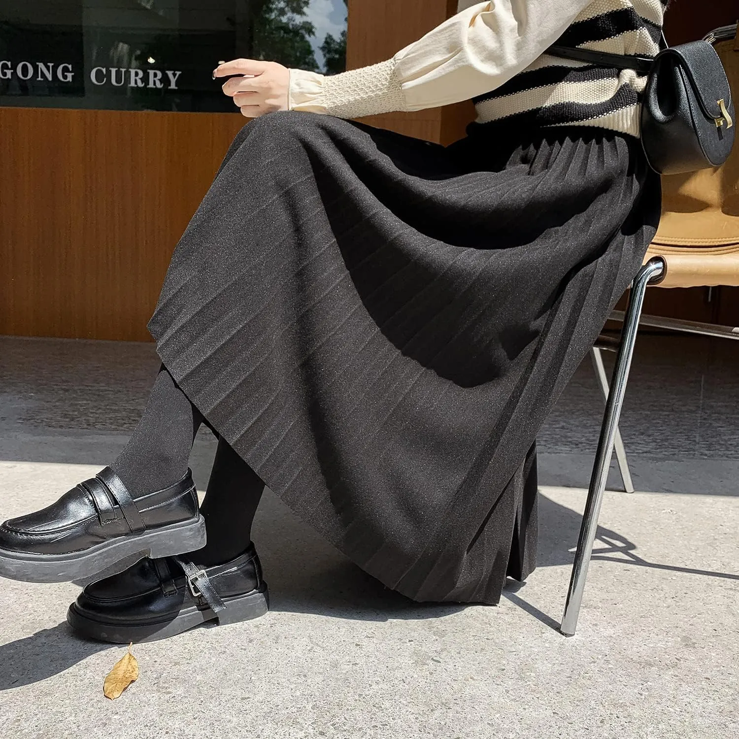 Womens High Elastic Waist Midi Pleated Skirt A-line Elegant Casual Winter Warm Flare Long Skirts