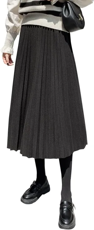 Womens High Elastic Waist Midi Pleated Skirt A-line Elegant Casual Winter Warm Flare Long Skirts