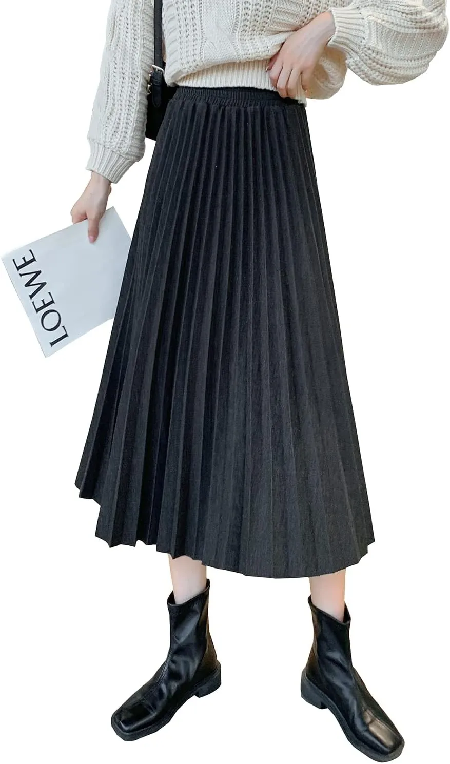 Womens High Elastic Waist Midi Pleated Skirt A-line Elegant Casual Winter Warm Flare Long Skirts