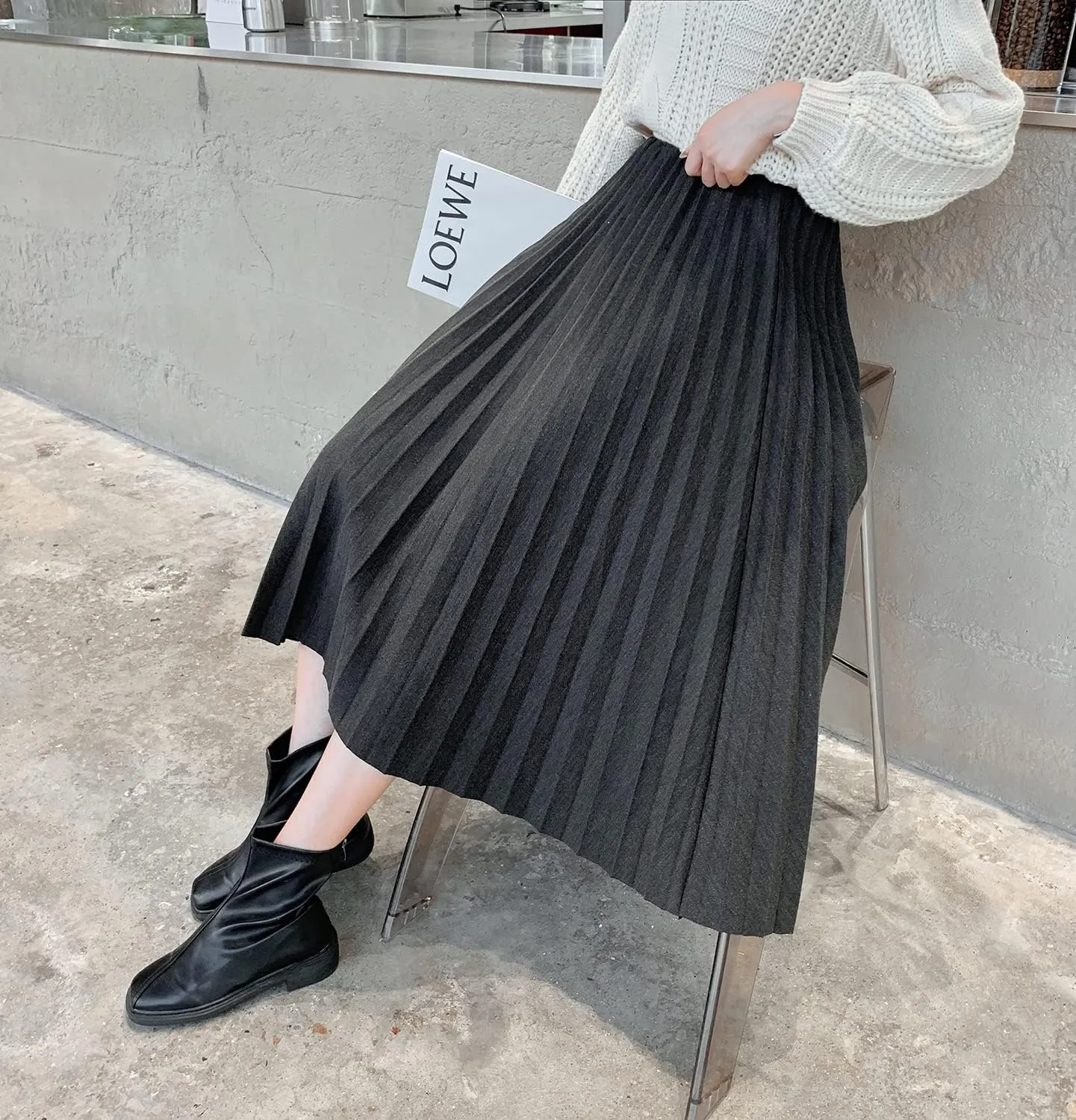 Womens High Elastic Waist Midi Pleated Skirt A-line Elegant Casual Winter Warm Flare Long Skirts