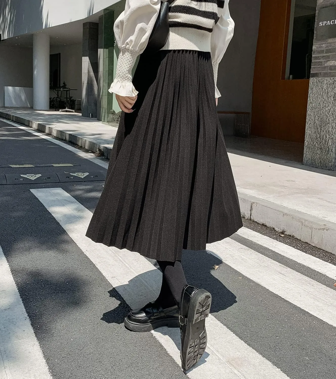 Womens High Elastic Waist Midi Pleated Skirt A-line Elegant Casual Winter Warm Flare Long Skirts