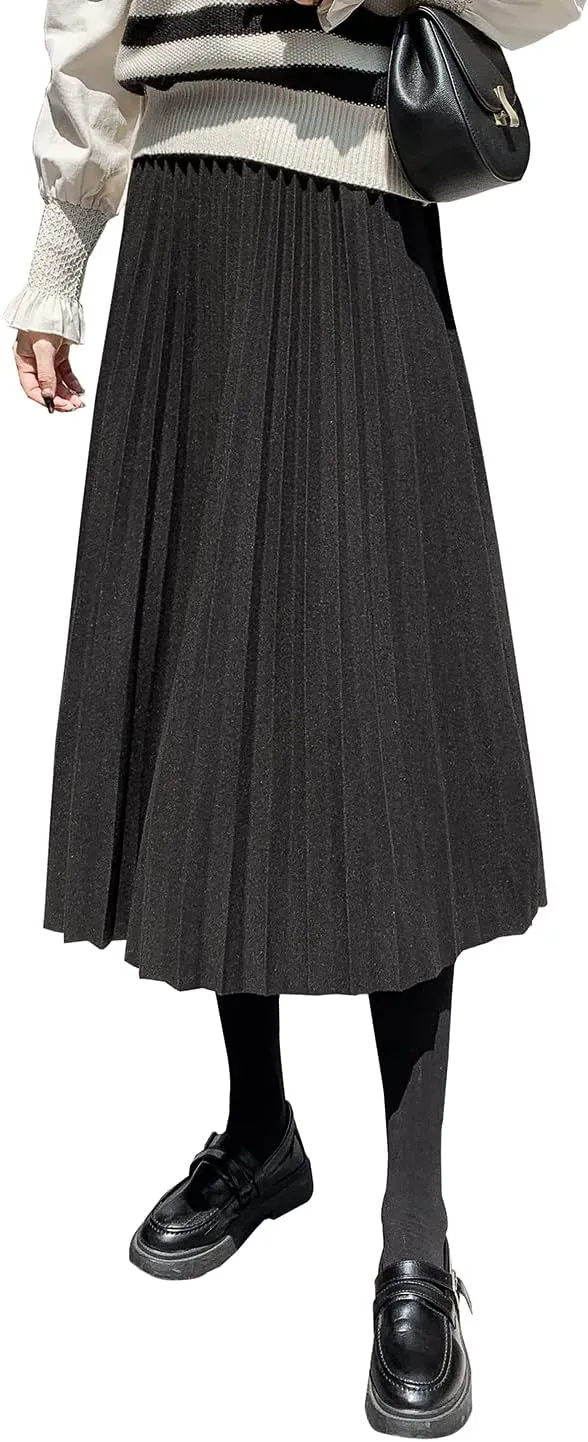 Womens High Elastic Waist Midi Pleated Skirt A-line Elegant Casual Winter Warm Flare Long Skirts