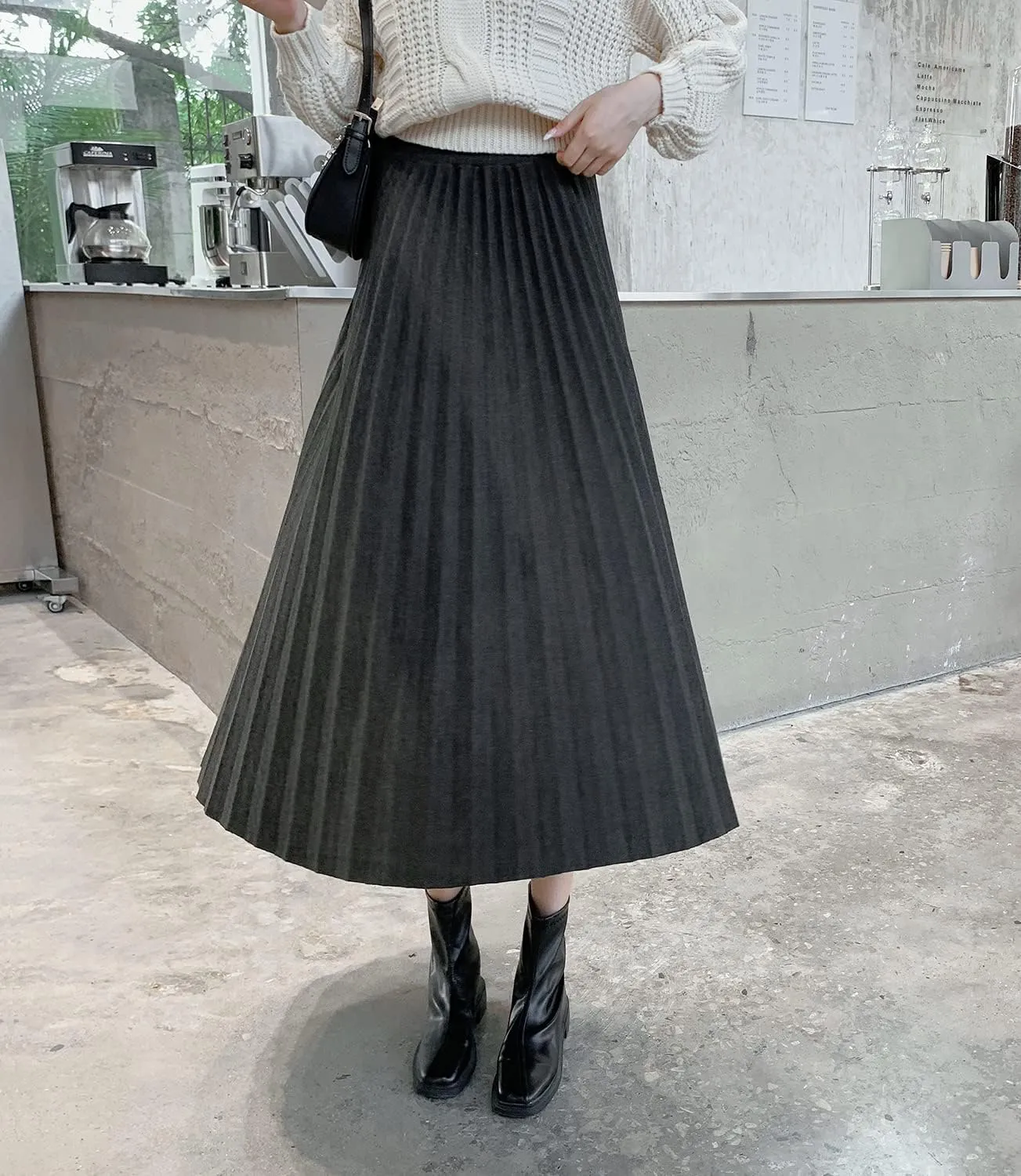 Womens High Elastic Waist Midi Pleated Skirt A-line Elegant Casual Winter Warm Flare Long Skirts