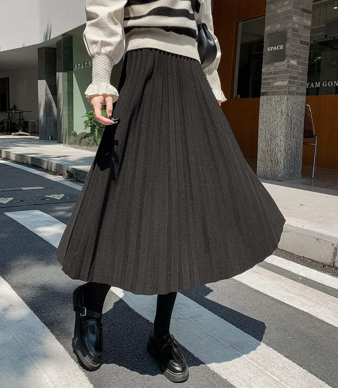 Womens High Elastic Waist Midi Pleated Skirt A-line Elegant Casual Winter Warm Flare Long Skirts
