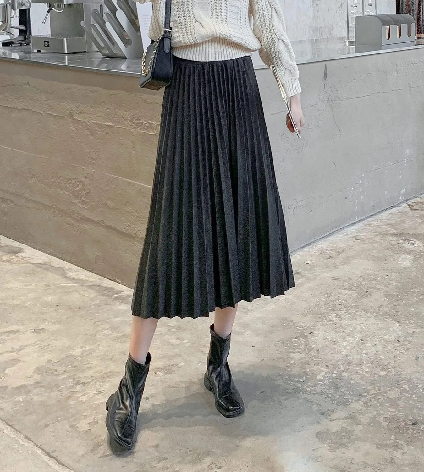 Womens High Elastic Waist Midi Pleated Skirt A-line Elegant Casual Winter Warm Flare Long Skirts