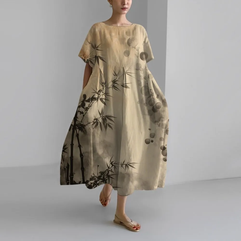 Womens Japanese Art Print Dress Vintage Summer Dresses for Women 2025 Crew Neck Short Sleeve Midi Dress with Pockets