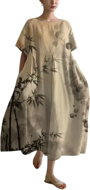 Womens Japanese Art Print Dress Vintage Summer Dresses for Women 2025 Crew Neck Short Sleeve Midi Dress with Pockets