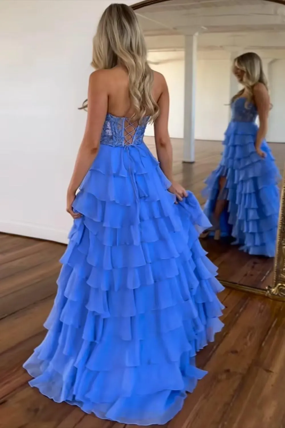 Women's Lace Applique Prom Dresses 2025 Ruffle Chiffon Corset Long Formal Evening Gowns with Slit