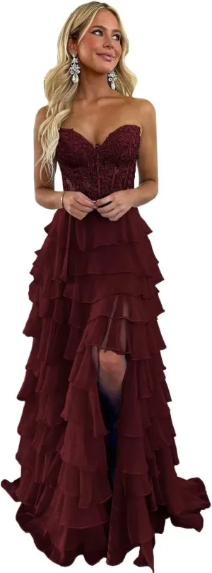 Women's Lace Applique Prom Dresses 2025 Ruffle Chiffon Corset Long Formal Evening Gowns with Slit
